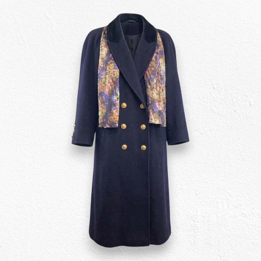 Vintage 80s Wool Coat Navy Velvet Collar Gold Buttons Braetan Size 8 with Scarf
